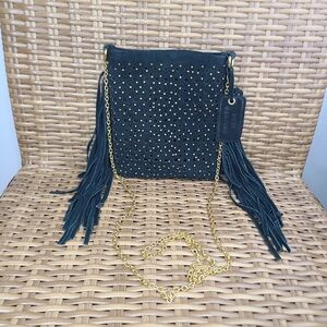 Mossimo Supply CO Fringe Gold Studded Crossbody Bag Suede Black Gold Chain Strap